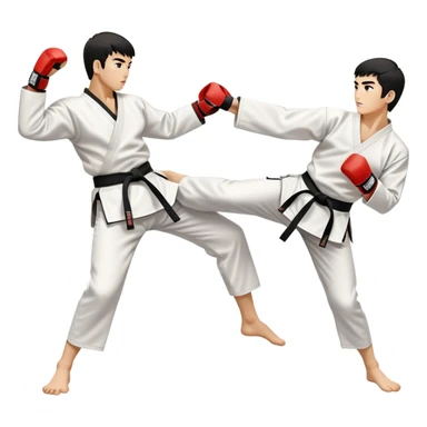 Two taekwondo fighters in traditional white doboks with black belts. One delivers a powerful kick to the opponent’s midsection, while the other expertly deflects the strike with a raised knee. The background features a professional arena with bright lights and excited spectators. sticker