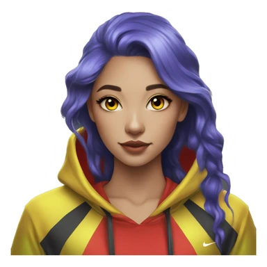 Lady with brunette and iridescent blue hair, gold, lime green dragon wings, black hoodie, oilslick holographic, black and gold Nike t shirt, and bright red eyes sticker