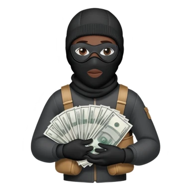 Ski mask holding bags of money with black face like skin color black sticker
