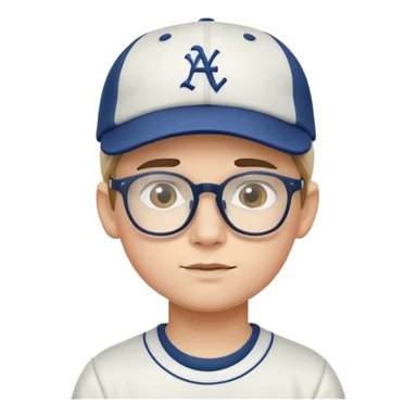 boy with glasses and baseball cap sticker