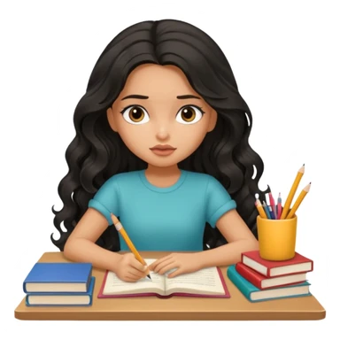 a pretty tan bratz girl with black wavy long hair studying. Pile of books on the table. No glasses. Looks tired sticker