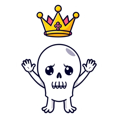 A shocked skull with a crown on top, both hands raised pressing on its head in disbelief, black and white sticker
