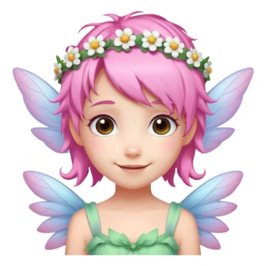 A tiny pastel fairy with pink hair with glowing wings and a sweet smile and tiny flower crown sticker