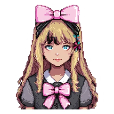 zombie girl with bangs, medium light hair and a pink bow sticker
