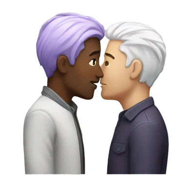 Two men kissing, one of them black, and the other white with lavender hair sticker