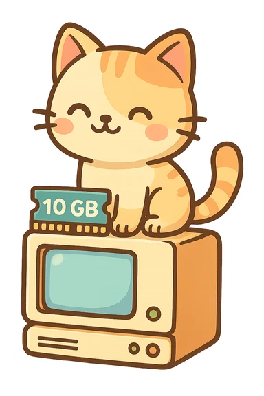 a cat sitting on a computer with a visible 10 GB memory chip, fun and colorful illustration sticker