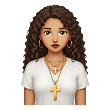 Brown woman with dark curly long hair white shirt with gold small cross necklace sticker