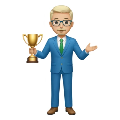 Full Body white  male medium size wearing glasses with a goatee with light blonde and gray very short hair basketball head Coach in blue and green suit holding trophy sticker