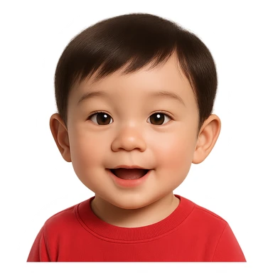 Edit the cute Asian baby boy emoji by changing the shirt to pastel red while keeping the rest unchanged. Use a soft glossy texture and make it about 80% realistic. No background. sticker
