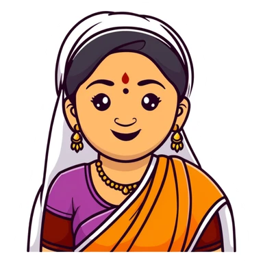 A cheerful Indian aunt (mausi) character with a plump face, smiling, wearing traditional Indian clothing and a bindi sticker