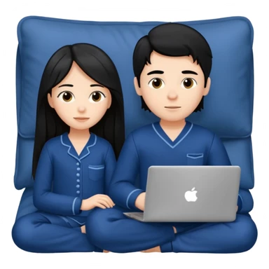 black haired boy and long haired girl in navy blue pajamas , watching movie on laptop sticker