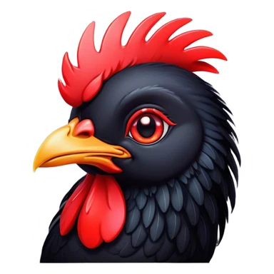 Cinematic Cute Black Chicken Portrait Emoji, Head tilted playfully and inquisitively, featuring sleek, lustrous black feathers and a vibrant red comb, round, sparkling beady eyes filled with curiosity, Simplified yet irresistibly adorable features, highly detailed, glowing with a warm, friendly glow, high shine, affectionate and lively, stylized with a touch of whimsical charm, bright and endearing, soft glowing outline, capturing the essence of a mischievous yet loving chicken, so playful it feels like it could peck out of the screen and into your arms! sticker