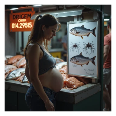 realistic pregnant woman in 4K observing informational sign in fish market with image of salmon showing visible parasites sticker