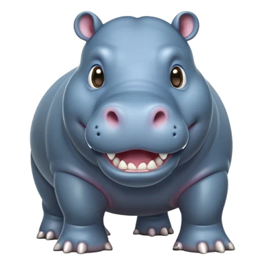 cinematic-hippo-realistic-full-body-side-view-standing-on-all-fours-emoji,-massive-round-frame,-wide-mouthed-grin-exposing-huge-teeth,-head-tilted-dramatically,-thick-greyish blue-hide-glossy, big cute eyes sticker