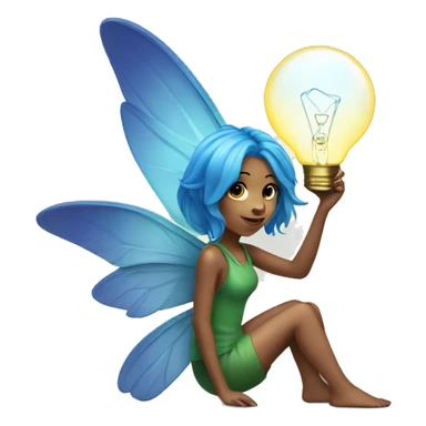 a pixie with blue hair and multicolored wings holding a lightbulb sticker