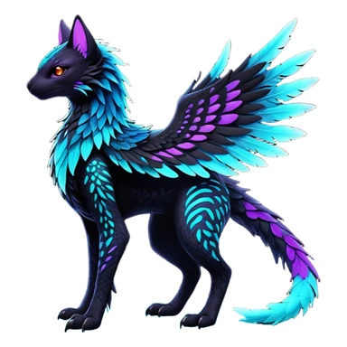 Black Dark Exotic Colorful Black, Cyan, Purple, Beaked Feathery Nocturnal Neon-glowing Abyssal Nightly Abyss-Cat-Gryphon-Salandit-Nargacuga-Silvally-Vernid-Sergal-Fakémon-Hybrid-Creature (full body) sticker