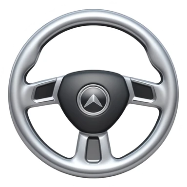A futuristic steering wheel emoji made of silver chrome, minimal geometric design, smooth metallic surface, soft reflections, iOS emoji style, centered, clean white background sticker
