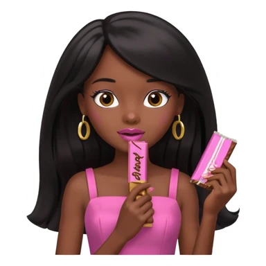 Black barbie, long black  hair, pink dress eating chocalate bar sticker