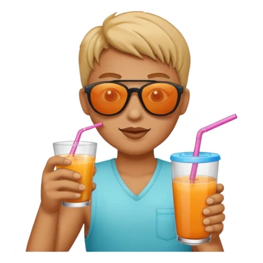 Sun is wearing sunglasses and drinking juice with stra sticker