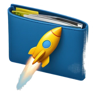 in the emoji style of a blue colored wallet linked to a rocket sticker