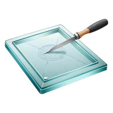 Glass carving icon, large piece of glass being etched with carving tools, fine lines and patterns on the glass surface, glass cutter, minimalistic style, clean lines, transparent background. sticker