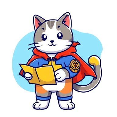 Explorer cat with map in paws, mountains and starry sky background, wearing explorer outfit with flowing cape, gazing at horizon sticker