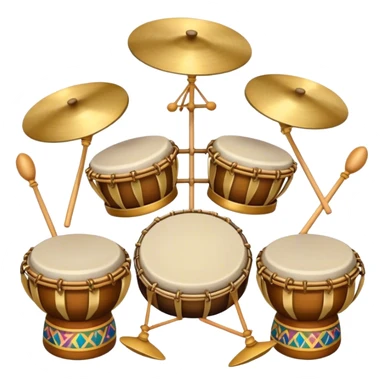 Create a heraldic, festive, and professional emblem-like emoji representing percussion instruments. The design should resemble a traditional crest, featuring a variety of percussion instruments such as cymbals, triangle, tambourine, maracas, timpani, bongo drums, and other traditional folk percussion instruments. Arrange them symmetrically, with cymbals crossing each other, the triangle at the center, and timpani or bongo drums flanking the sides. Include tambourines and maracas prominently, adding rhythm and texture. A flowing ribbon of musical notes should elegantly weave through the instruments, enhancing the sense of movement and celebration. Add intricate decorative patterns on the instruments, along with ornamental swirls, laurels, or flourishes to elevate the festive and heraldic feel. The overall composition should be balanced, harmonious, and visually striking, with an elegant and professional look. The background should be transparent. sticker