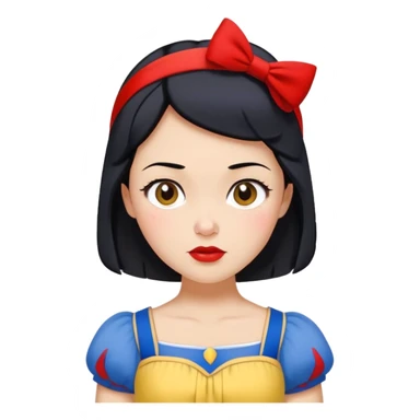 Snow White from hips up, blue top with yellow skirt, short black hair with red headband, minimal style but clearly recognizable sticker