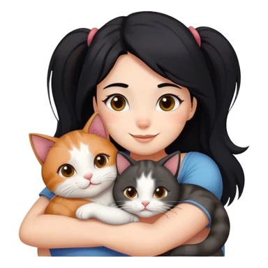 happy girl with black hair hugging three cats  (tricolour cat, gray cat, brown calico cat) sticker