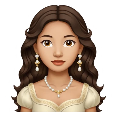 Tan Filipino woman with dark brown eyes and long dark wavy hair parted in the middle wearing a traditional filipiniana and white pearl stud earrings and no other jewelry sticker