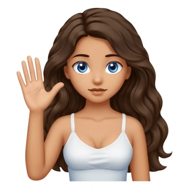 Girl with olive skin, blue eyes, brown dark insanely wavy long hair, white camisole, left hand palm up crossing arms in an x shape sticker