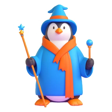 penguin wizard with a blue robe and sparkly wand sticker