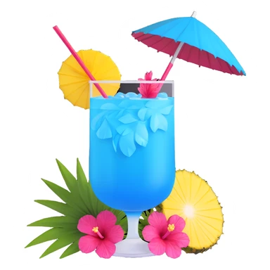 vibrant tropical fruity blue cocktail with hibiscus, pineapple slice, and paper umbrella garnish sticker