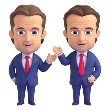 3D chibi caricature of Nicolas Sarkozy and Emmanuel Macron, standing together, oversized heads, small realistic bodies, navy suits, Sarkozy with blue tie, Macron with red tie, realistic faces, soft lighting sticker