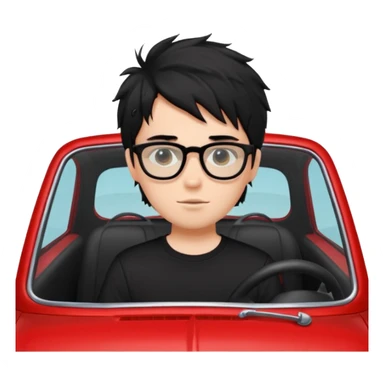 generate a pretty bratz fair skinned boy with black messy hair wearing a black tshirt driving a red car. Glasses on.  sticker