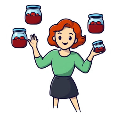 redhead woman juggling with 3 glass jars with jam sticker