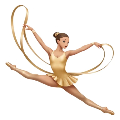 A graceful rhythmic gymnast performing with a flowing ribbon, executing an elegant leap mid-air. The pose exudes flexibility, balance, and artistry. The background suggests a competition arena with soft lighting, emphasizing movement, precision, and the beauty of the sport. sticker