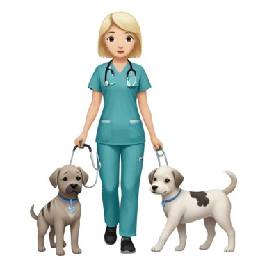 Blond white girl wearing nursing scrubs with 1 dog medium size white and gray and 1 dog large brindle and white, a dark skinned black guy with black short hair and their baby on a walk sticker
