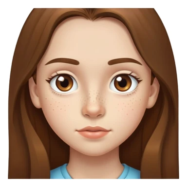 A 12-year-old girl with very long brown hair, light brown eyes, medium thick eyebrows, slightly big lips, a small freckle on her cheek and another small freckle under her eye sticker