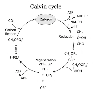 highly scientific, detailed, and labeled illustration of the Calvin cycle, showing all key molecules, enzymes, and steps, no background, transparent sticker