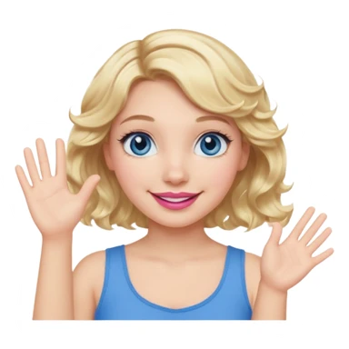 Girl Blonde short wavy hair,  blue eyes, cute blue top, long lashes, pink lips, smiling, waving hello  sticker