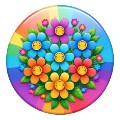 A round psychedelic colored button with rainbow colored flowers in the center sticker