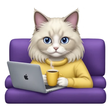 a cute blue eyed ragdoll cat wearing the dark violet sweater with yellow letteting "Milena" sitting on the grey sofa with grey laptop and drinking coffee sticker