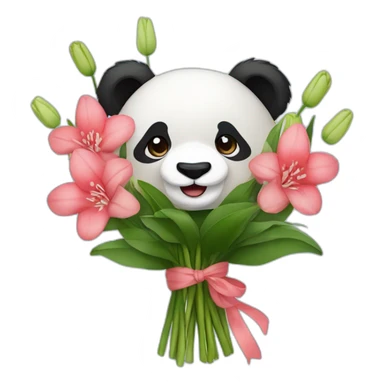 Panda bear holding lilies, hyacinths and camellias in a flower bouquet sticker