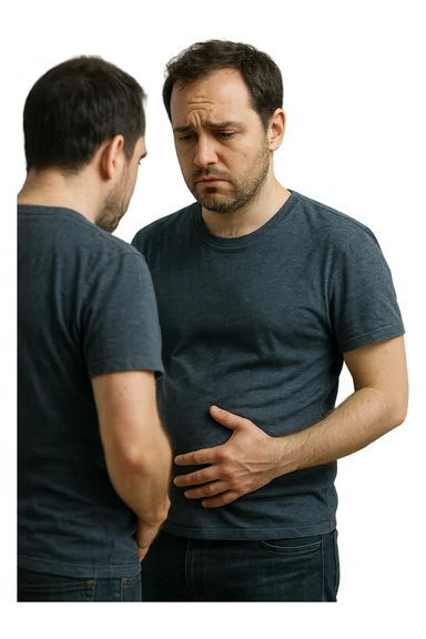 uomo che si guarda allo specchio triste mentre si tocca la pancia, pensieroso, iperrealistico 4k sticker