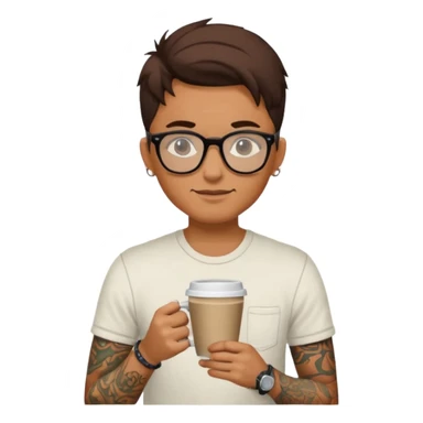 gözlük takan, dövmeli ve elinde kahve tutan, yaz kıyafetli insan sticker