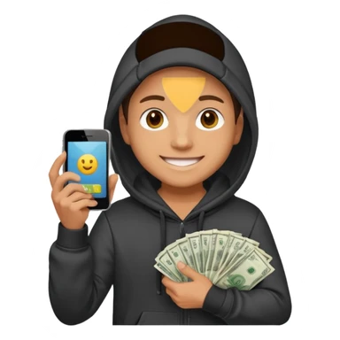 miling young entrepreneur in a hoodie, holding a stack of cash in one hand and a phone in the other, clean emoji style, soft lighting, simple background sticker