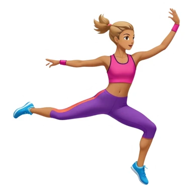A professional performing a dynamic aerobic routine, dressed in a vibrant workout outfit. The gymnast is mid-jump, arms extended gracefully, with one leg lifted in a high kick. The background features a spacious fitness studio with mirrors, colorful mats, and energetic lighting.  sticker