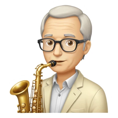 Middle aged man with grey receeding hair and glasses face covered in mayonnaise sauce with a saxophone sticker
