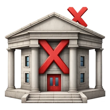 bank building with a single large red X over it sticker